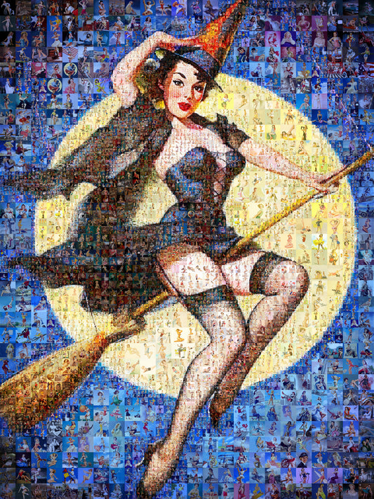 Halloween Pin-Up Witch Mosaic Poster – Retro Vintage Wall Art