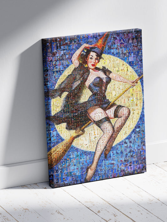 Halloween Pin-Up Witch Mosaic Poster – Retro Vintage Wall Art