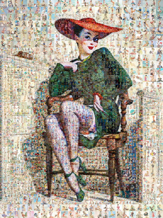 Elegant Pin-Up Mosaic Poster – Retro Lady in Red Hat Wall Art