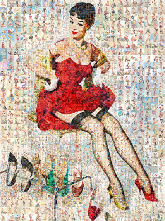 Vintage Pin-Up Mosaic Poster – Retro Lady in Red Dress Wall Art