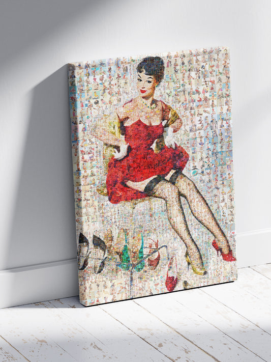 Vintage Pin-Up Mosaic Poster – Retro Lady in Red Dress Wall Art