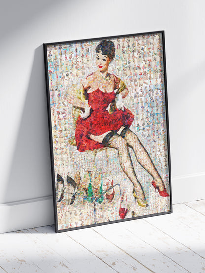 Vintage Pin-Up Mosaic Poster – Retro Lady in Red Dress Wall Art
