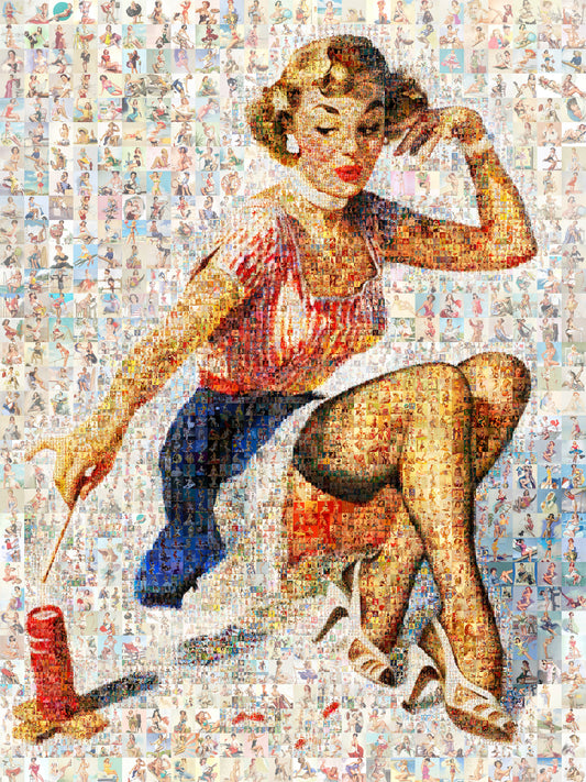 Vintage Pin-Up Mosaic Poster – Retro Sewing Lady Wall Art