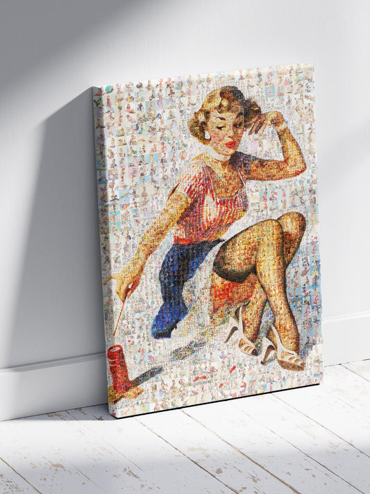 Vintage Pin-Up Mosaic Poster – Retro Sewing Lady Wall Art