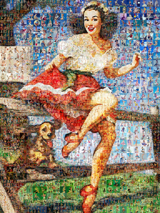 Vintage Pin-Up Mosaic Poster – Playful Retro Lady with Dog Wall Art