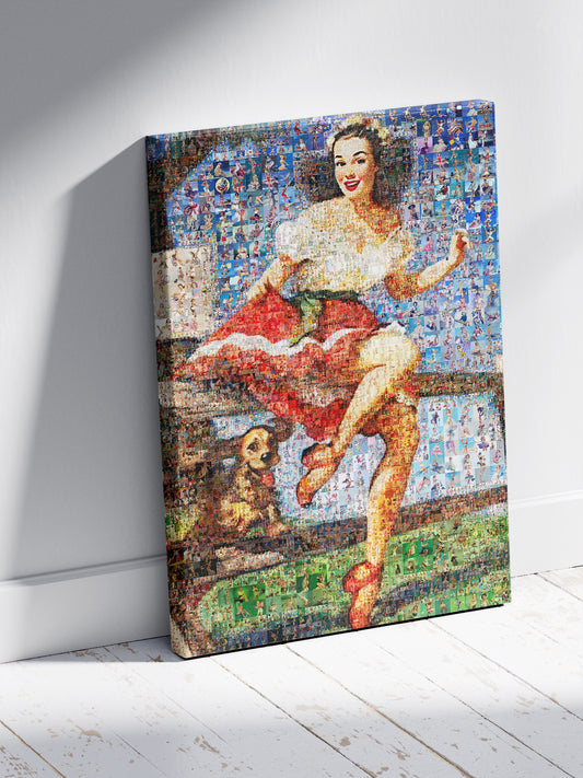 Vintage Pin-Up Mosaic Poster – Playful Retro Lady with Dog Wall Art