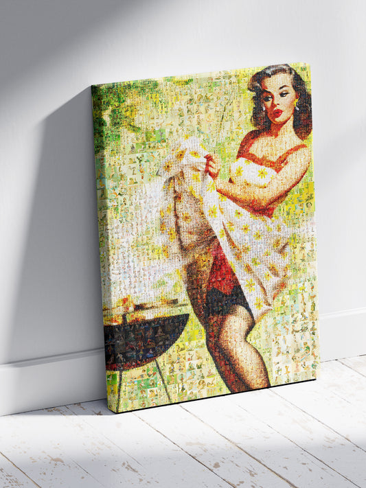 Summer Pin-Up Mosaic Poster – Retro BBQ Girl Wall Art Made from Vintage Pin-Up Illustrations, Unique Retro Decor