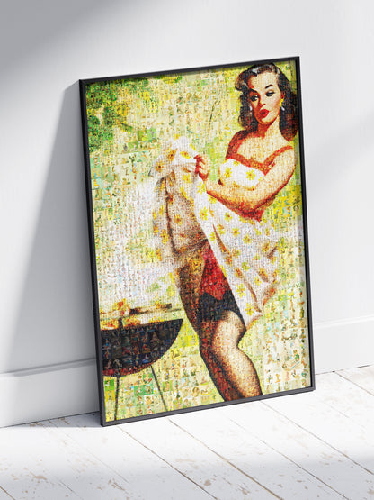 Summer Pin-Up Mosaic Poster – Retro BBQ Girl Wall Art Made from Vintage Pin-Up Illustrations, Unique Retro Decor
