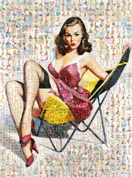 Retro Pin-Up Mosaic Poster – Glamorous Girl in Pink Dress, Vintage Wall Art Made from Classic Pin-Up Illustrations