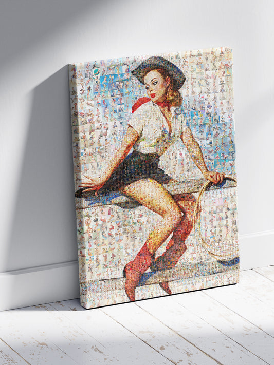 Vintage Cowgirl Mosaic Art - Colorful Retro Pin-Up Wall Decor for Home & Office