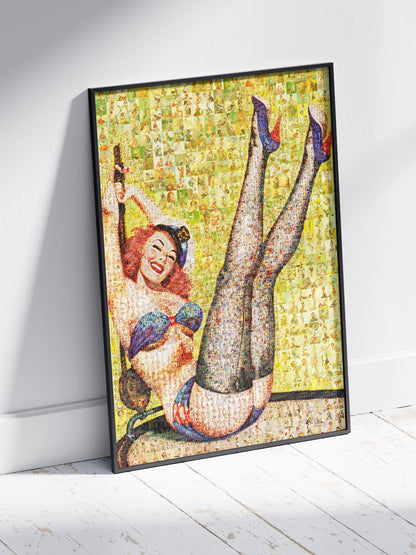 Vibrant Mosaic Artwork of Retro Pin-Up Girl | Unique Wall Art for Home Decor