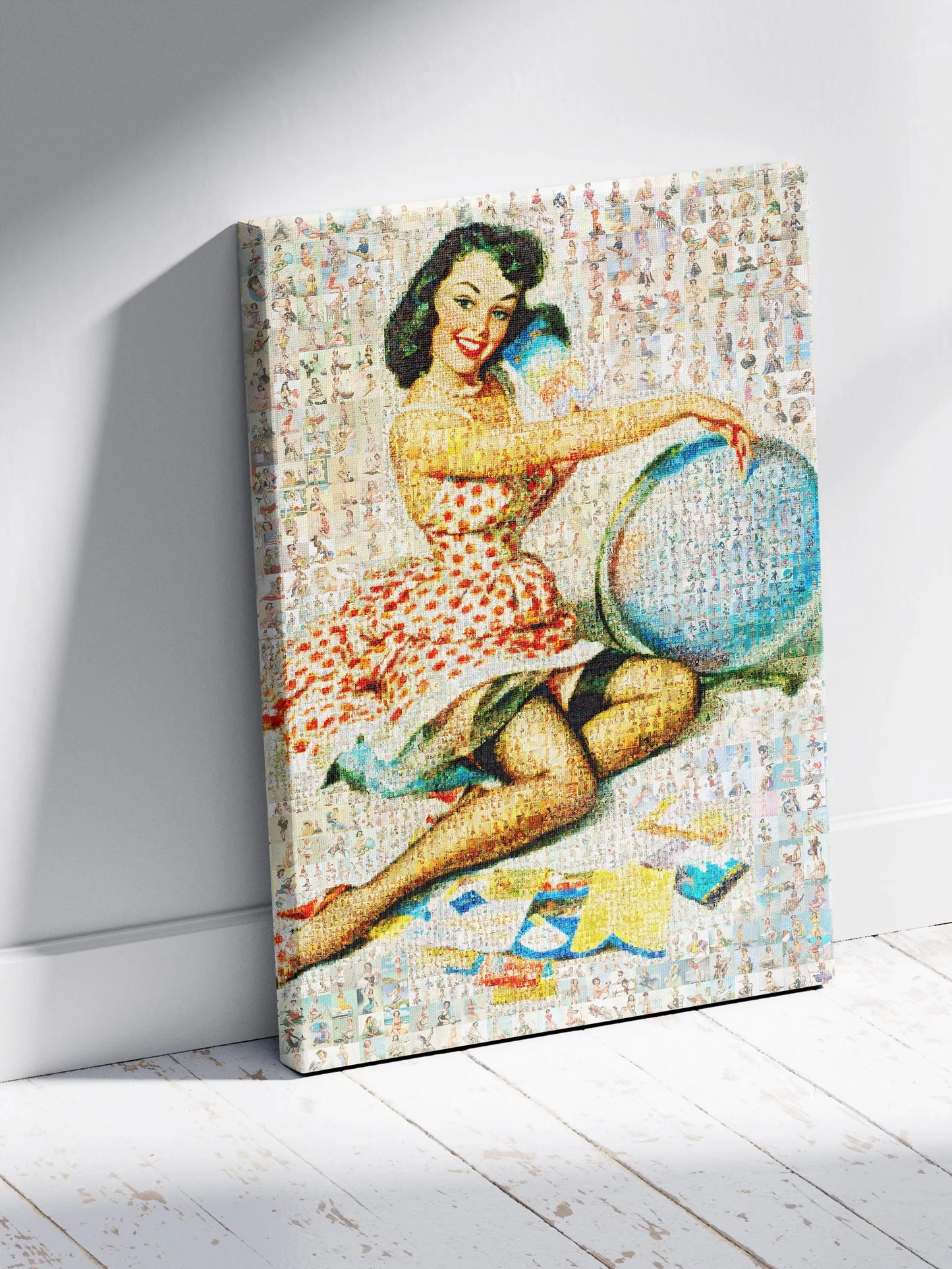 Custom mosaic canvas art featuring a retro pin-up woman, handcrafted from many small photos