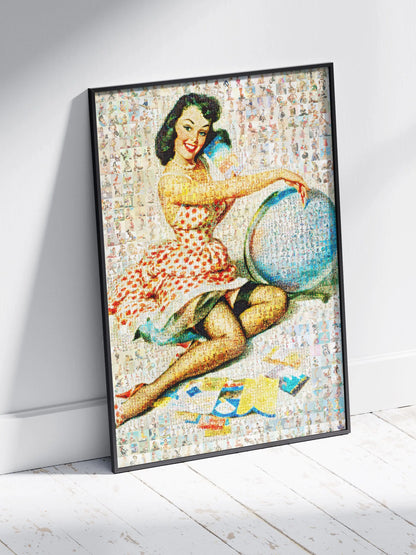 Framed custom mosaic art print of a pin-up woman in a polka dot dress, displayed on floor