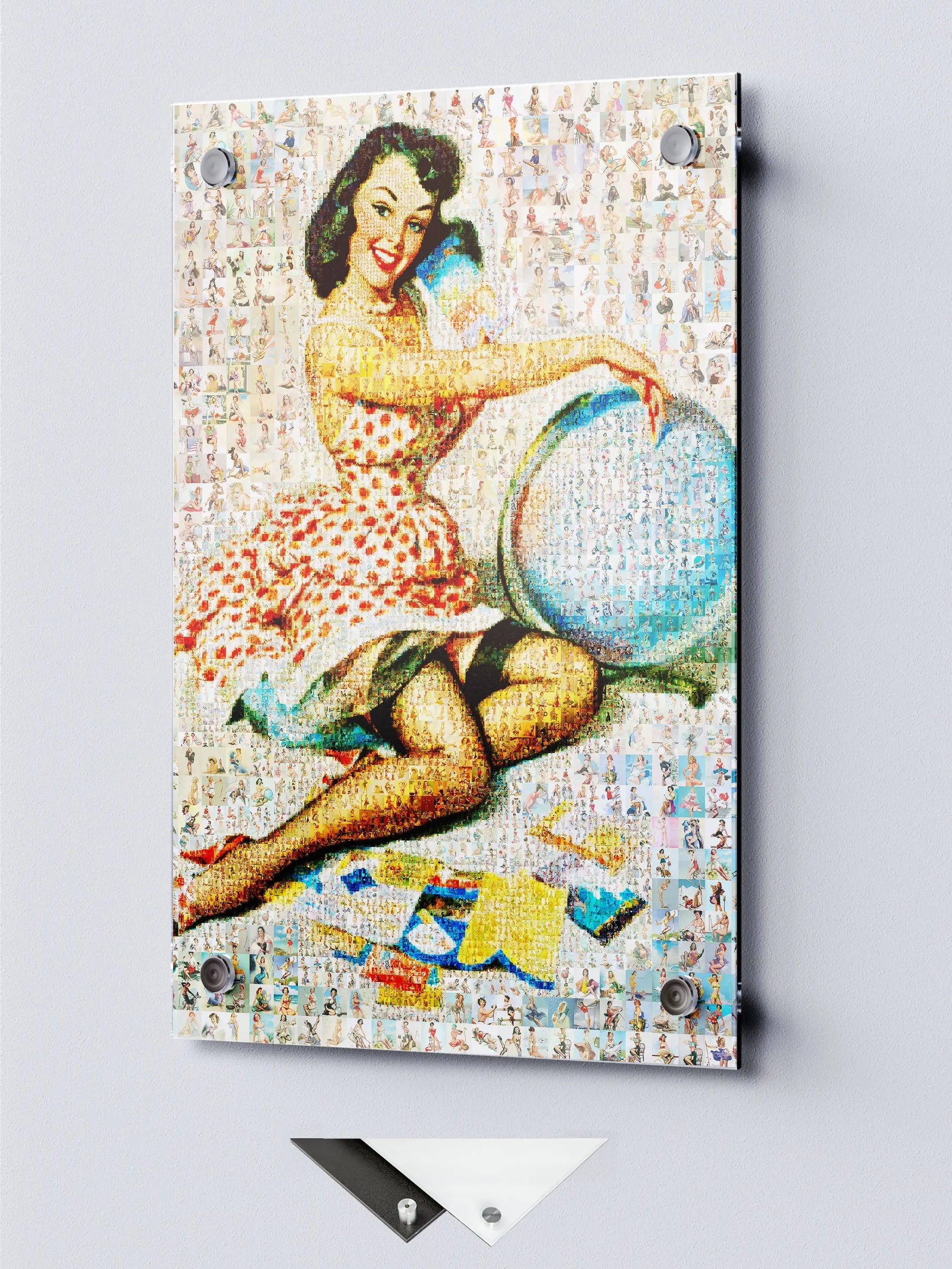 Custom mosaic art print on glass featuring a vintage pin-up style woman, handcrafted from photos, AtelierMosaics