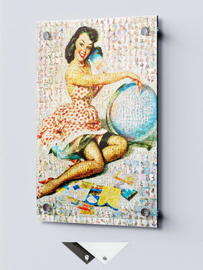Custom mosaic art print on glass featuring a vintage pin-up style woman, handcrafted from photos, AtelierMosaics