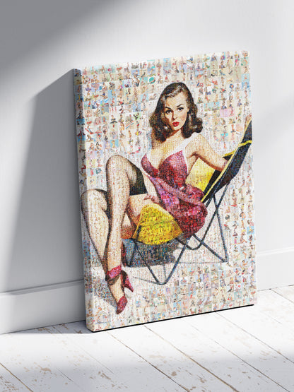 Retro Pin-Up Mosaic Poster – Glamorous Girl in Pink Dress, Vintage Wall Art Made from Classic Pin-Up Illustrations