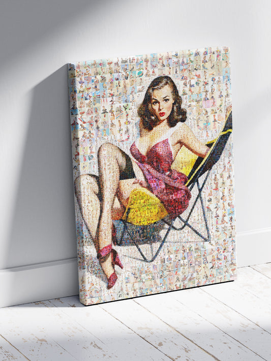 Retro Pin-Up Mosaic Poster – Glamorous Girl in Pink Dress, Vintage Wall Art Made from Classic Pin-Up Illustrations