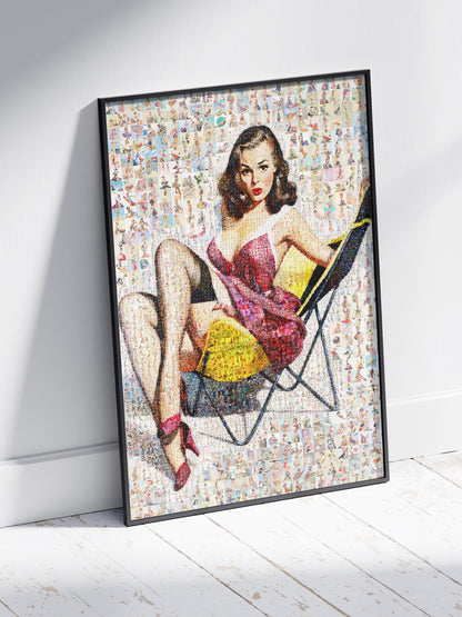 Retro Pin-Up Mosaic Poster – Glamorous Girl in Pink Dress, Vintage Wall Art Made from Classic Pin-Up Illustrations