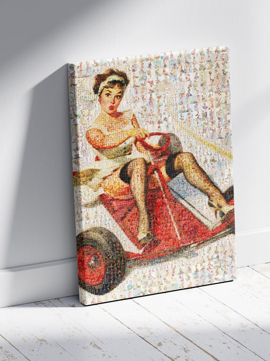 Vintage Mosaic Artwork: Retro Pin-Up Girl in Go-Kart - Unique Home Decor Piece