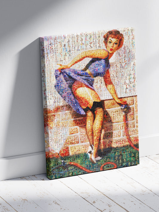 Vintage Mosaic Artwork: Retro Pin-Up Girl in a Blue Dress - Unique Wall Art for Home Decor