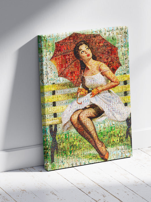 Vintage Mosaic Artwork: Captivating Lady with Umbrella - Perfect for Home Decor & Art Lovers