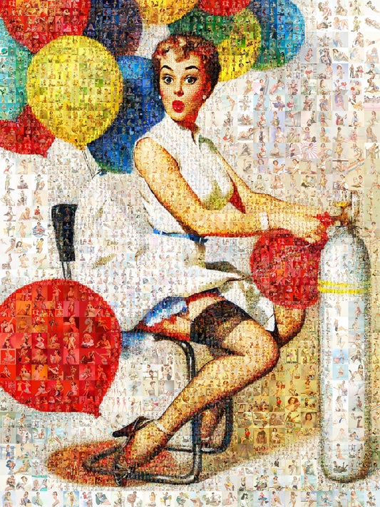 Playful Pin-Up Mosaic Poster – Retro Girl with Balloons, Vintage Wall Art Made from Classic Pin-Up Illustrations