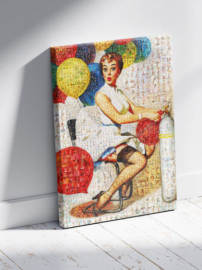 Playful Pin-Up Mosaic Poster – Retro Girl with Balloons, Vintage Wall Art Made from Classic Pin-Up Illustrations