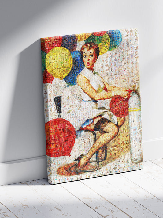 Playful Pin-Up Mosaic Poster – Retro Girl with Balloons, Vintage Wall Art Made from Classic Pin-Up Illustrations