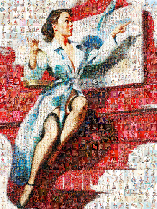 Dynamic Pin-Up Mosaic Poster – Retro Girl in Blue Shirt with Red Banner, Vintage Wall Art Made from Pin-Up Illustrations