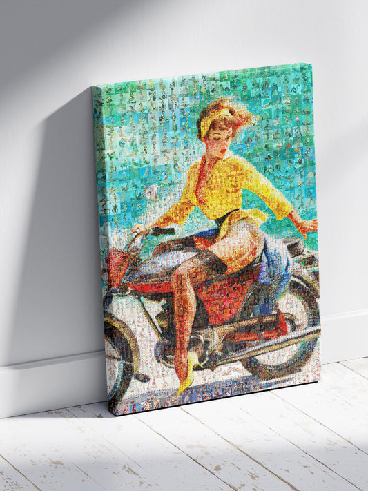 Vintage Mosaic Art of a Glamorous Woman on a Motorcycle - Retro Wall Decor for Art Lovers