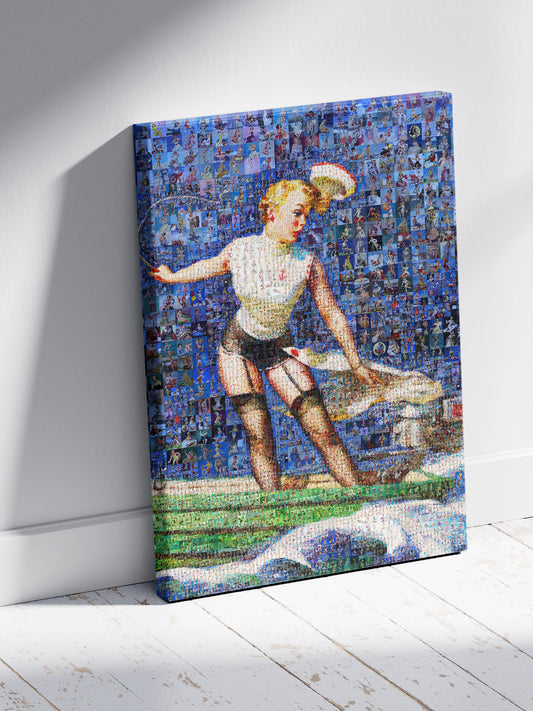 Vibrant Mosaic Artwork of a Vintage Pin-Up Surfer - Unique Home Decor for Art Lovers