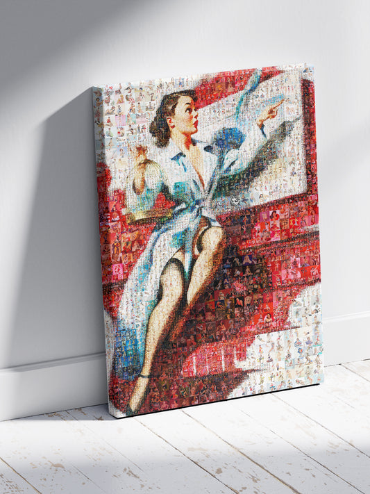 Dynamic Pin-Up Mosaic Poster – Retro Girl in Blue Shirt with Red Banner, Vintage Wall Art Made from Pin-Up Illustrations