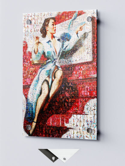 Dynamic Pin-Up Mosaic Poster – Retro Girl in Blue Shirt with Red Banner, Vintage Wall Art Made from Pin-Up Illustrations