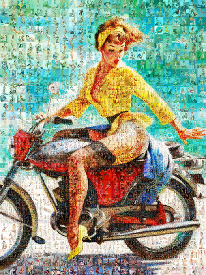 Custom photo mosaic of a vintage pin-up woman on a red motorcycle, made from 300+ images
