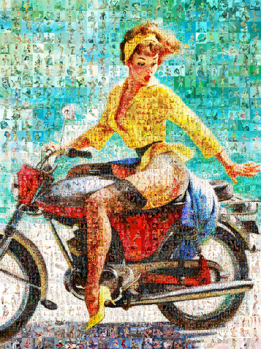 Vintage Pin-Up Mosaic Poster – Retro Girl on Motorcycle, Colorful Wall Art Made from Classic Pin-Up Illustrations