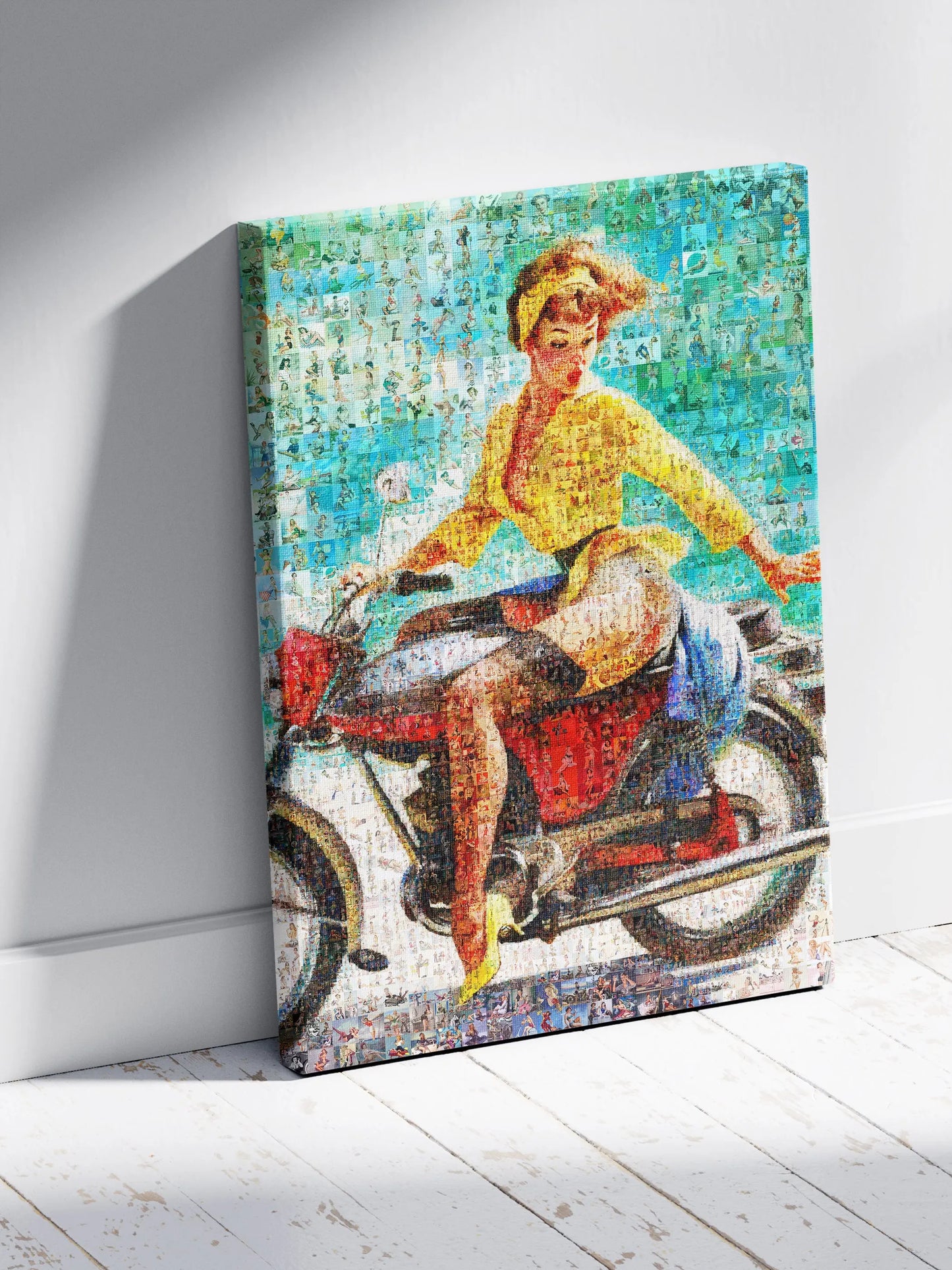 Custom photo mosaic canvas featuring a retro woman on a motorcycle, AtelierMosaics artwork