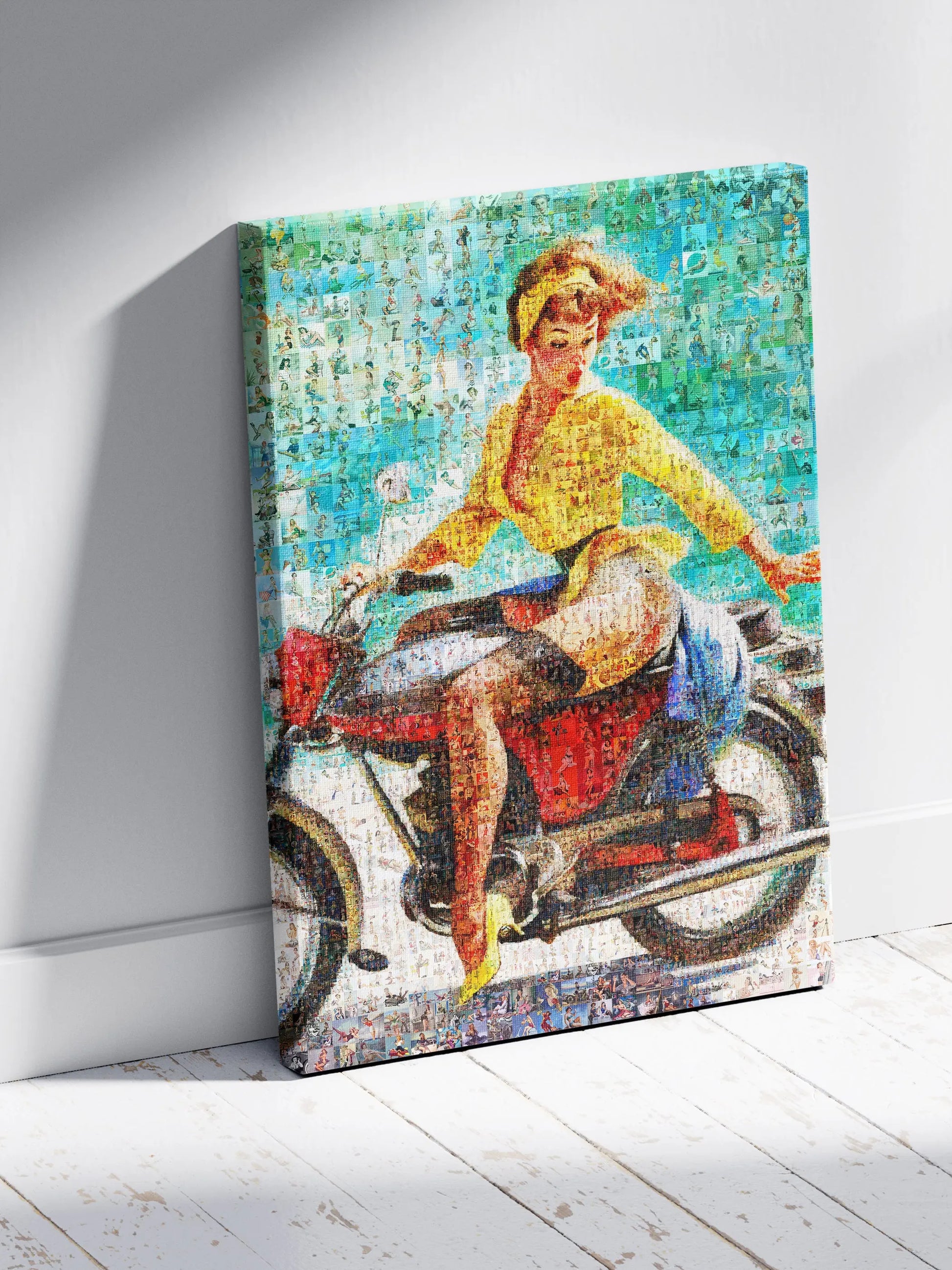 Custom photo mosaic canvas featuring a retro woman on a motorcycle, AtelierMosaics artwork