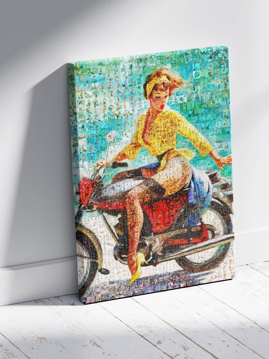Vintage Pin-Up Mosaic Poster – Retro Girl on Motorcycle, Colorful Wall Art Made from Classic Pin-Up Illustrations