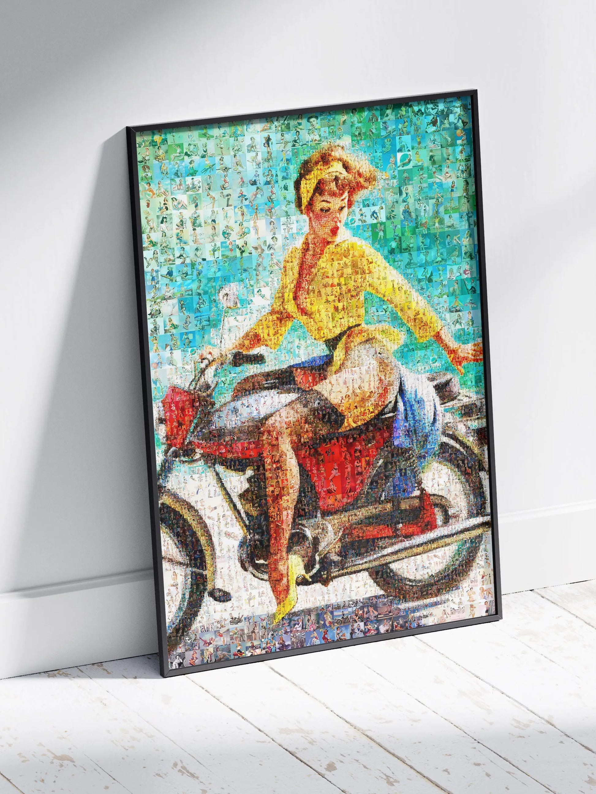 Custom mosaic art print of a woman on a motorcycle, handcrafted from many smaller photos, in black frame