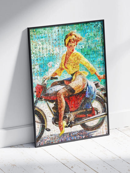 Custom mosaic art print of a woman on a motorcycle, handcrafted from many smaller photos, in black frame