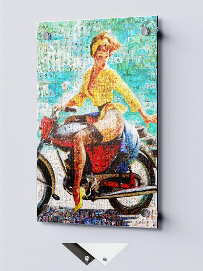 Custom mosaic glass art of woman on motorcycle, made from many small photos, wall-mounted