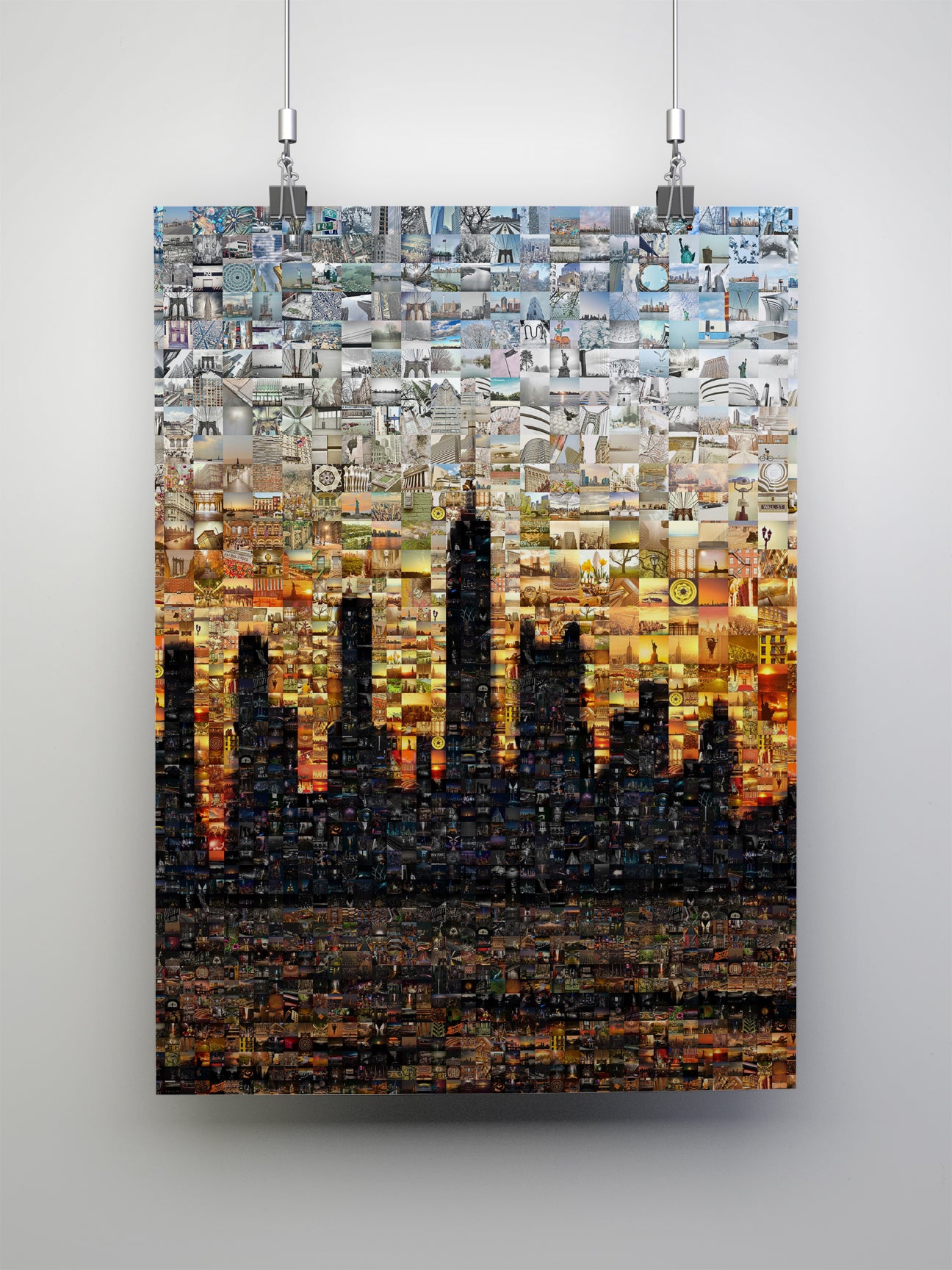 Cityscape mosaic art piece on a white background