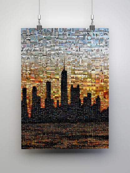 Cityscape mosaic art piece on a white background