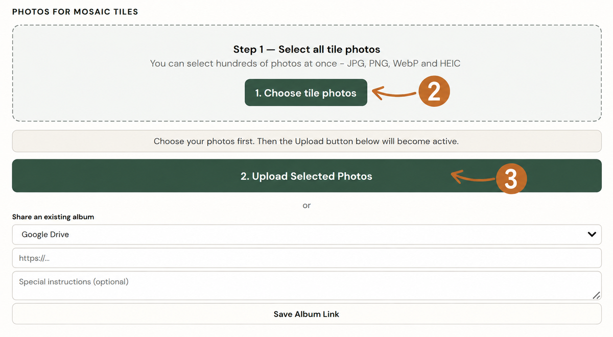 Choose all tile photographs, then click Upload Selected Photos and keep the page open until uploading finishes.