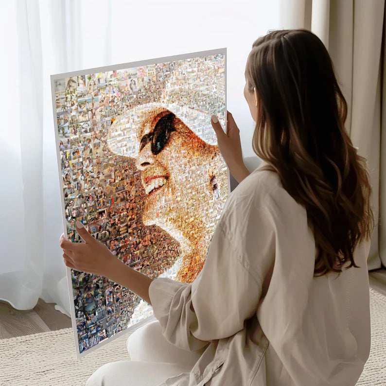 Custom pet photo mosaic portrait created from hundreds of personal photographs